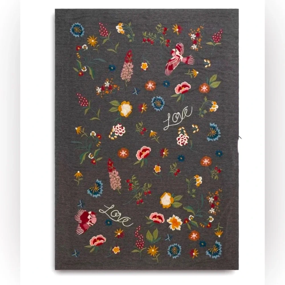 NEW Johnny Was Rana Embroidered Throw Blanket Floral Bird Love Gray 50